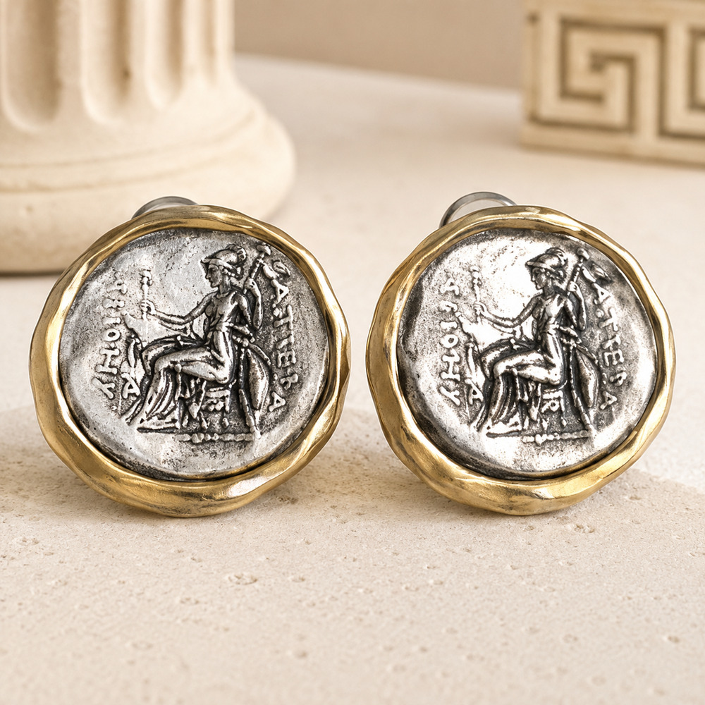 Vintage Greek Revival Coin Clip Earrings 1" Gold Silver Tone Statement Costumes